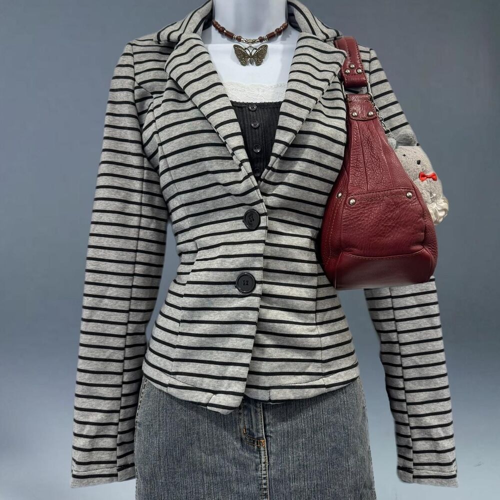 Y2K Paris Blues Office Siren Indie Sleaze Striped Grey Black Blazer Small